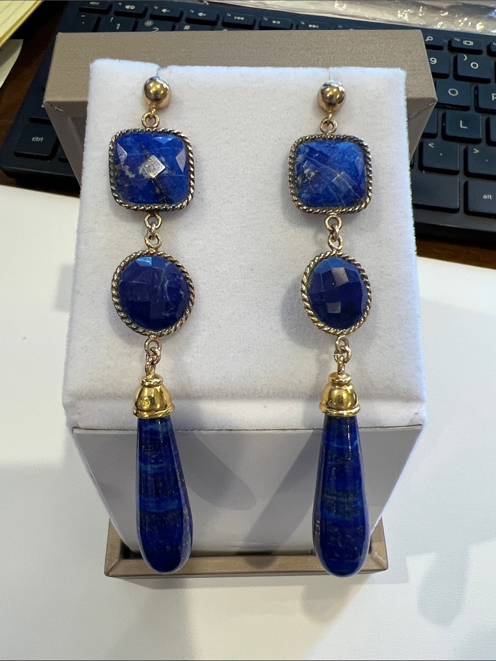 Genuine Blue Lapis Gemstone Drop Earrings with Gold Accents